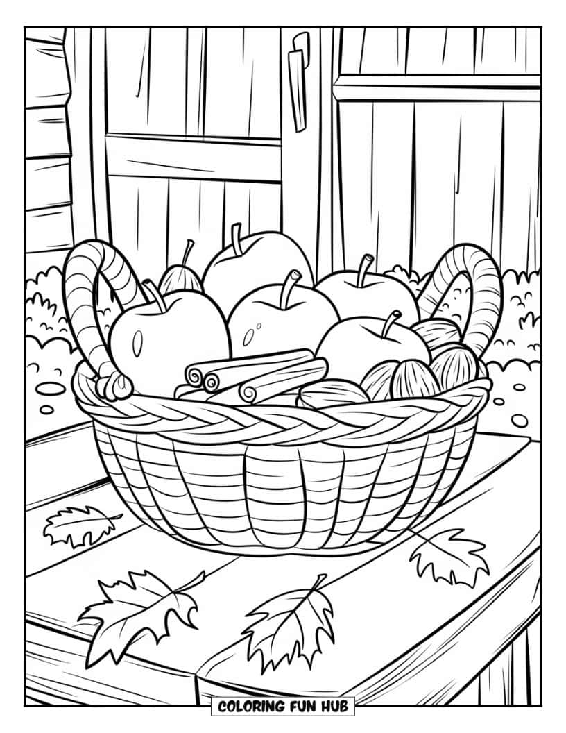 Thanksgiving Kleurplaat voor volwassenen: Een mand gevuld met appels, kaneelstokjes en noten