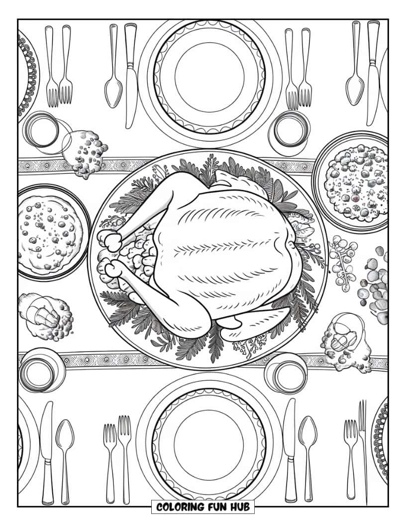 Thanksgiving Kleurplaat voor volwassenen: Een prachtig gedekte tafel voor Thanksgiving Day