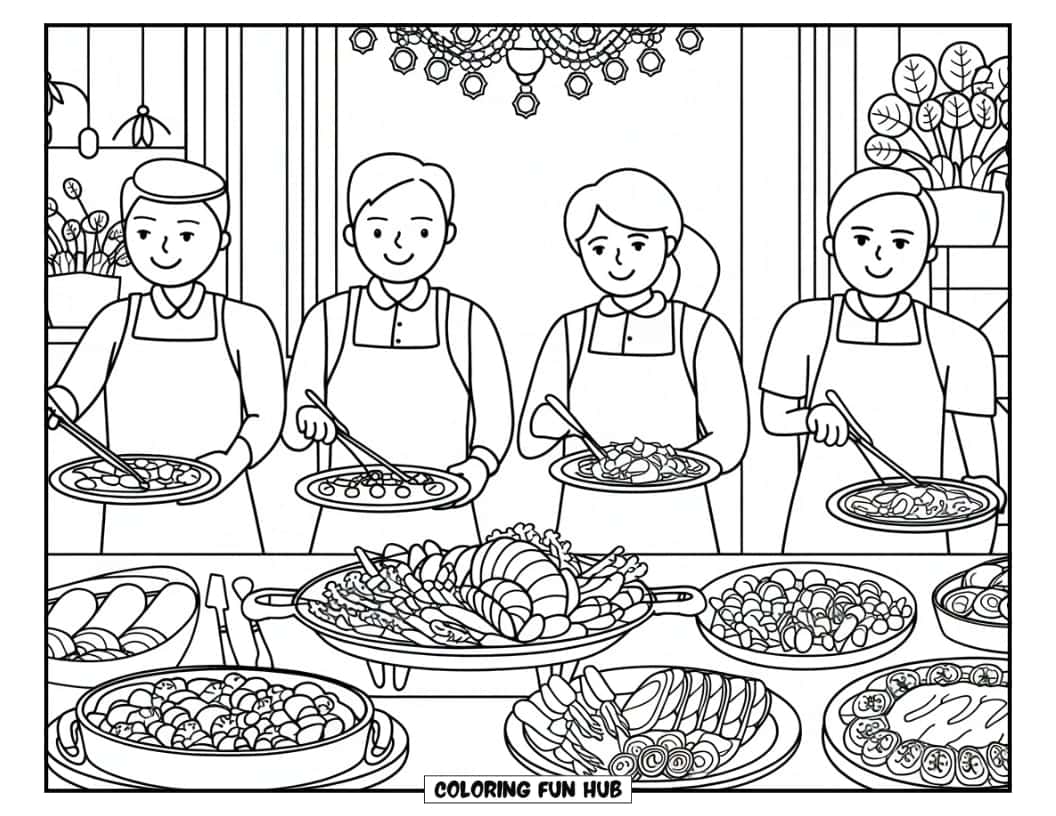 Thanksgiving Kleurplaat voor Volwassenen: Een tafel in buffetstijl met mensen die serveren