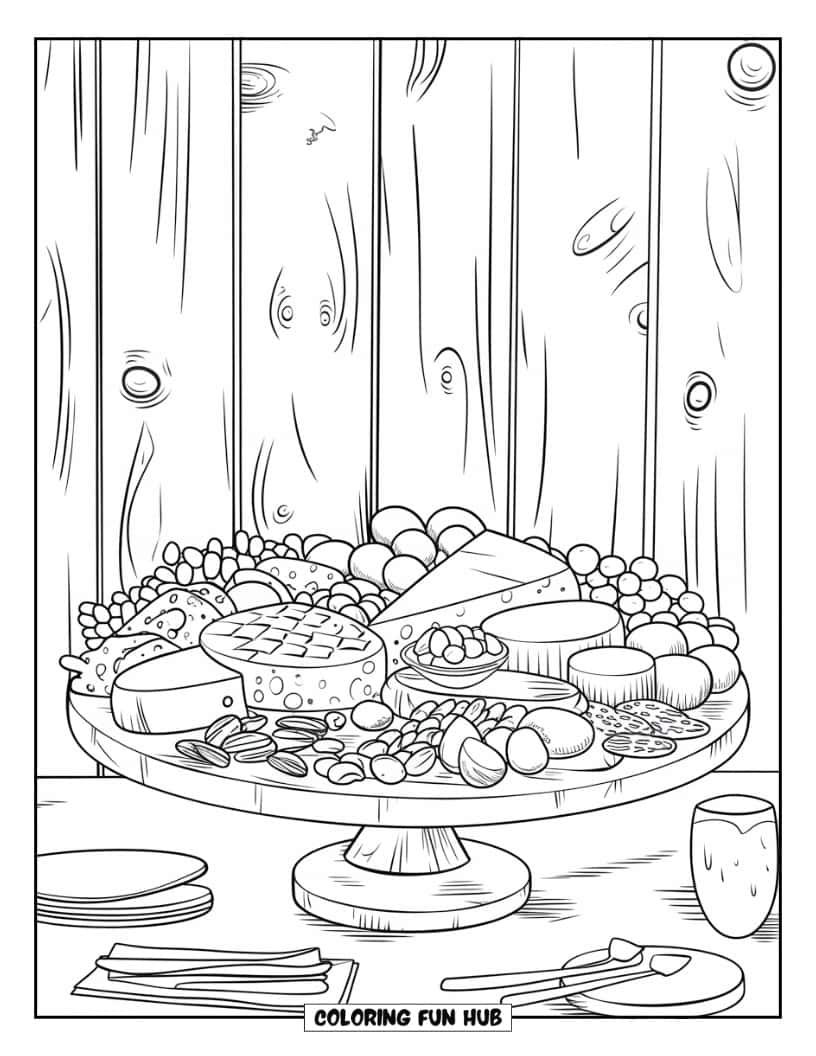 Thanksgiving Kleurplaat voor volwassenen: Een borrelplank geplaatst op een houten standaard