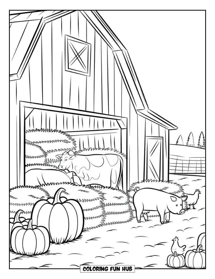 Thanksgiving Kleurplaat voor volwassenen: Een klassieke schuur met hooi, pompoenen en dieren