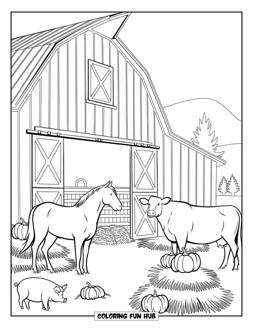 Thanksgiving Kleurplaat voor volwassenen: Een klassieke schuur met houten panelen, stapels hooi, pompoenen en boerderijdieren