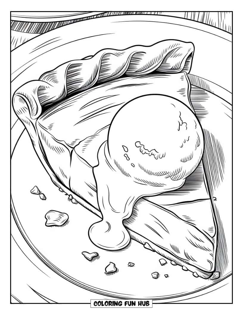 Thanksgiving Kleurplaat voor volwassenen: Een close-up van een stuk pompoentaart met een bolletje ijs