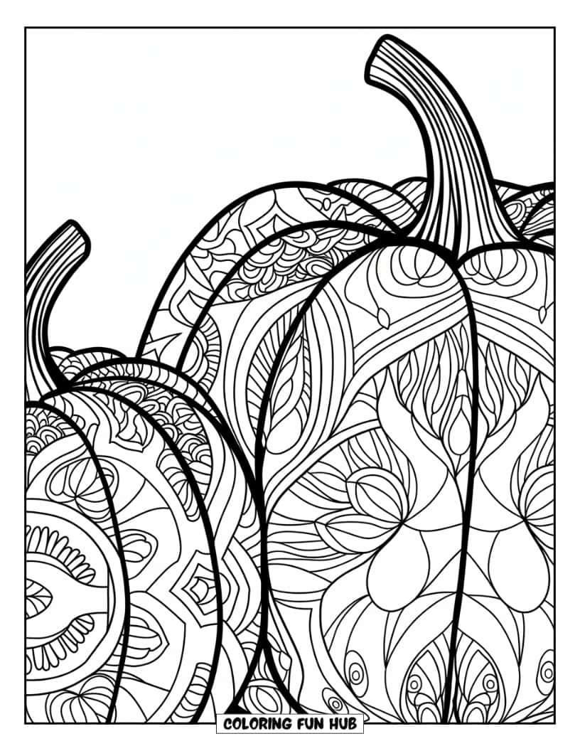 Thanksgiving Kleurplaat voor volwassenen: Een close-up van pompoenen met mandala-ontwerpen