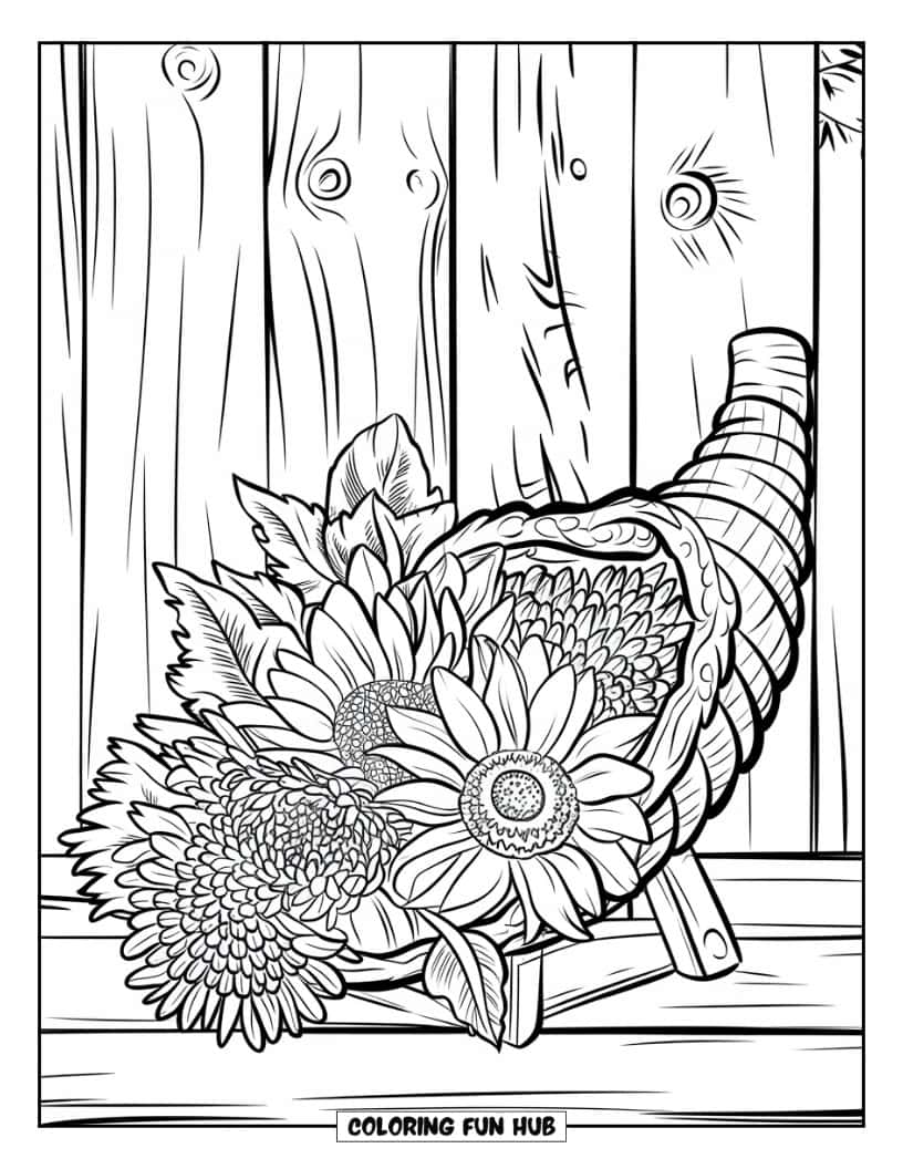 Thanksgiving Kleurplaat voor Volwassenen: Een hoorn des overvloeds gevuld met herfstbloemen