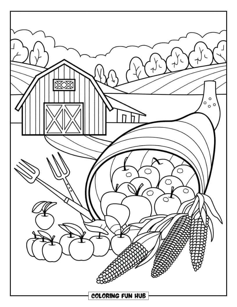 Thanksgiving Kleurplaat voor volwassenen: Een hoorn des overvloeds met landbouwwerktuigen en producten in een schuur