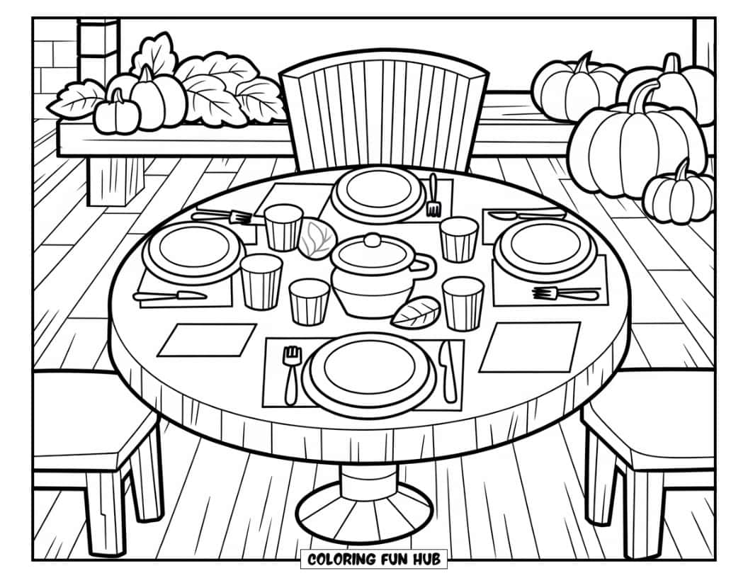 Thanksgiving Kleurplaat voor volwassenen: Een gezellige familietafel in een rustieke omgeving