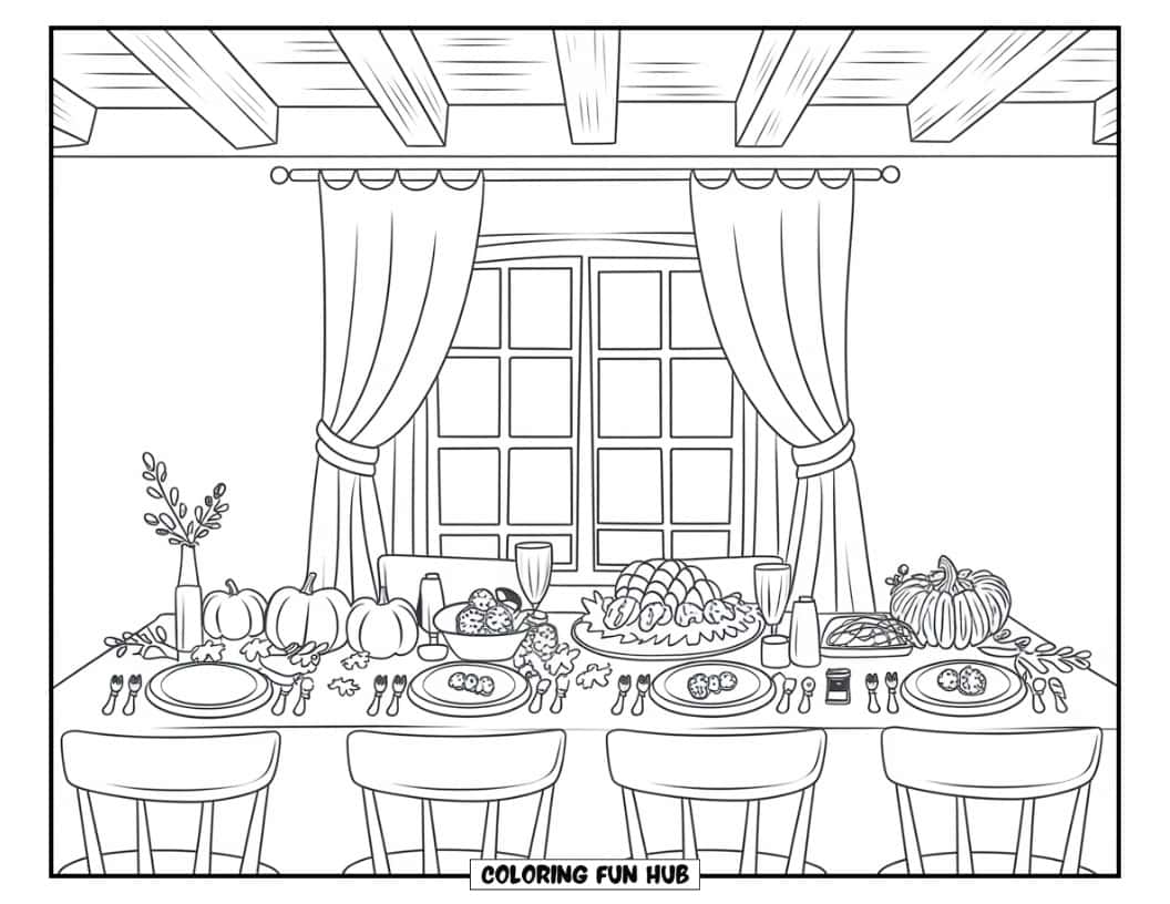 Thanksgiving Kleurplaat voor volwassenen: Een gezellige Thanksgiving-familietafel gedekt met borden, bestek en glazen