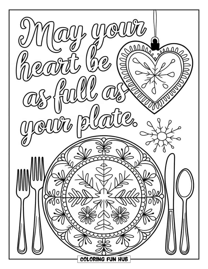 Thanksgiving Kleurplaat voor Volwassenen: Een decoratief bord met een feestelijk ontwerp en zilverwerk met de tekst 'Moge je hart net zo vol zijn als je bord'