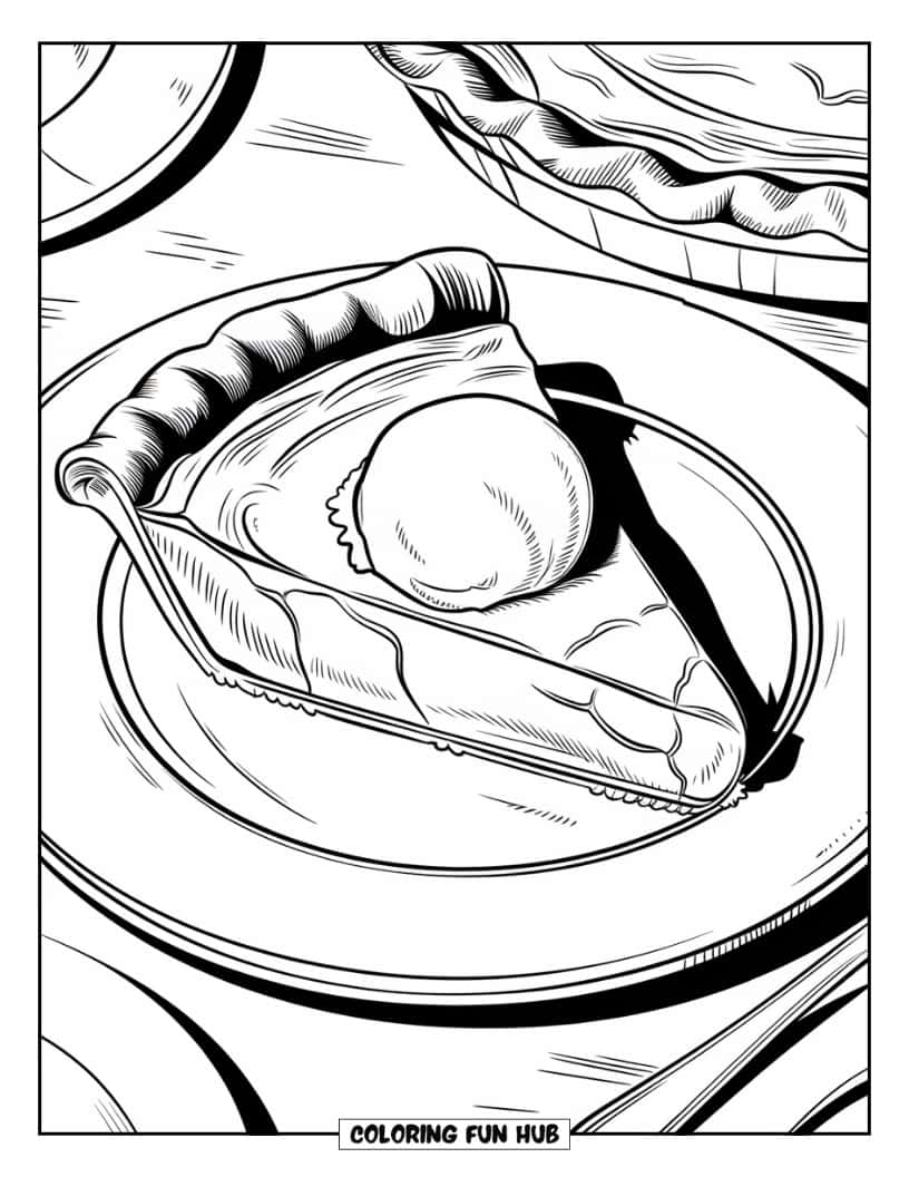 Thanksgiving Kleurplaat voor volwassenen: Een gedetailleerde close-up van een stuk appeltaart met een bolletje ijs