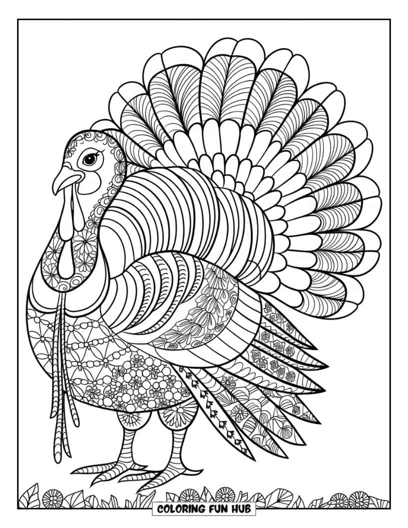 Thanksgiving Kleurplaat voor volwassenen: Een gedetailleerde illustratie van een kalkoen