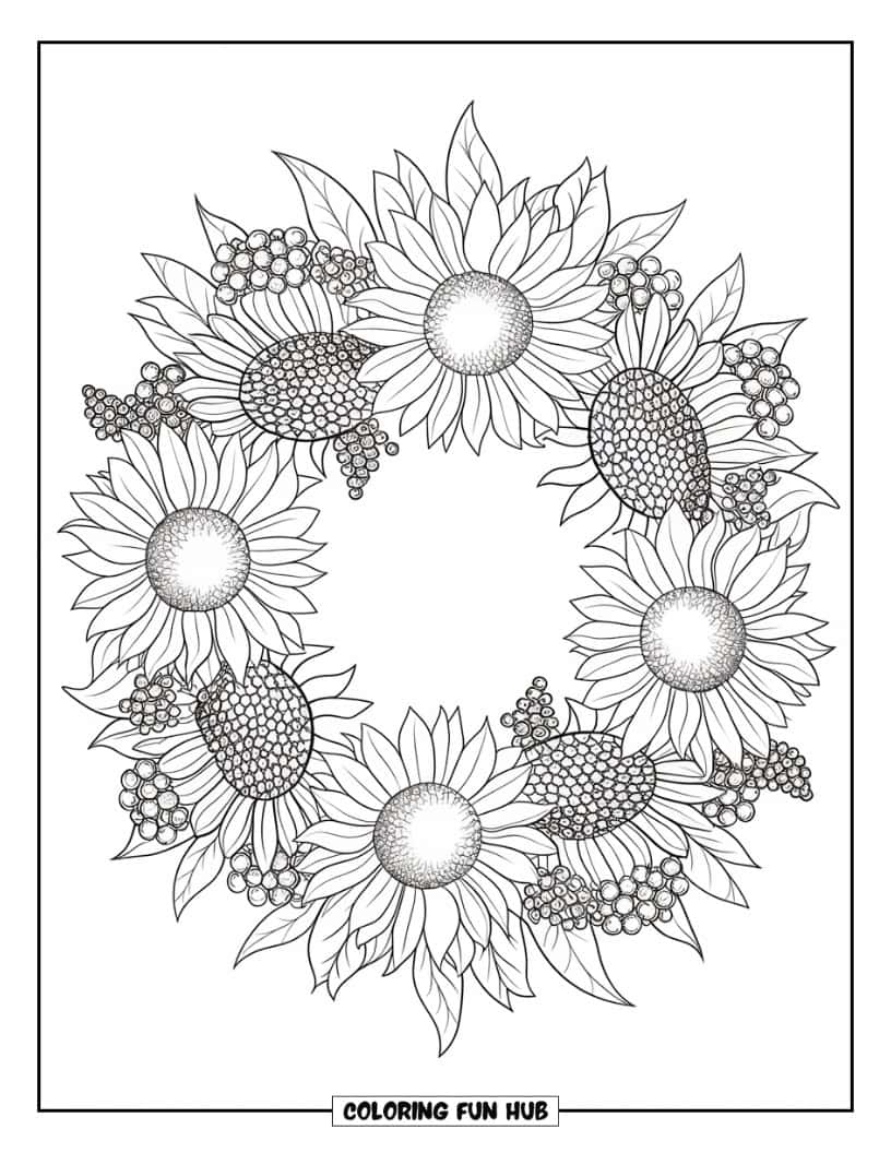 Thanksgiving Kleurplaat voor volwassenen: Een gedetailleerde zonnebloem- en bessenkrans