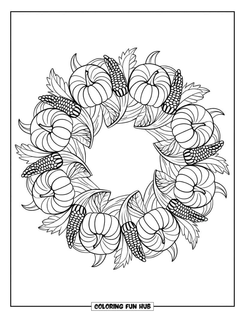 Thanksgiving Kleurplaat voor volwassenen: Een gedetailleerde krans gemaakt van pompoenen, maïs en bladeren