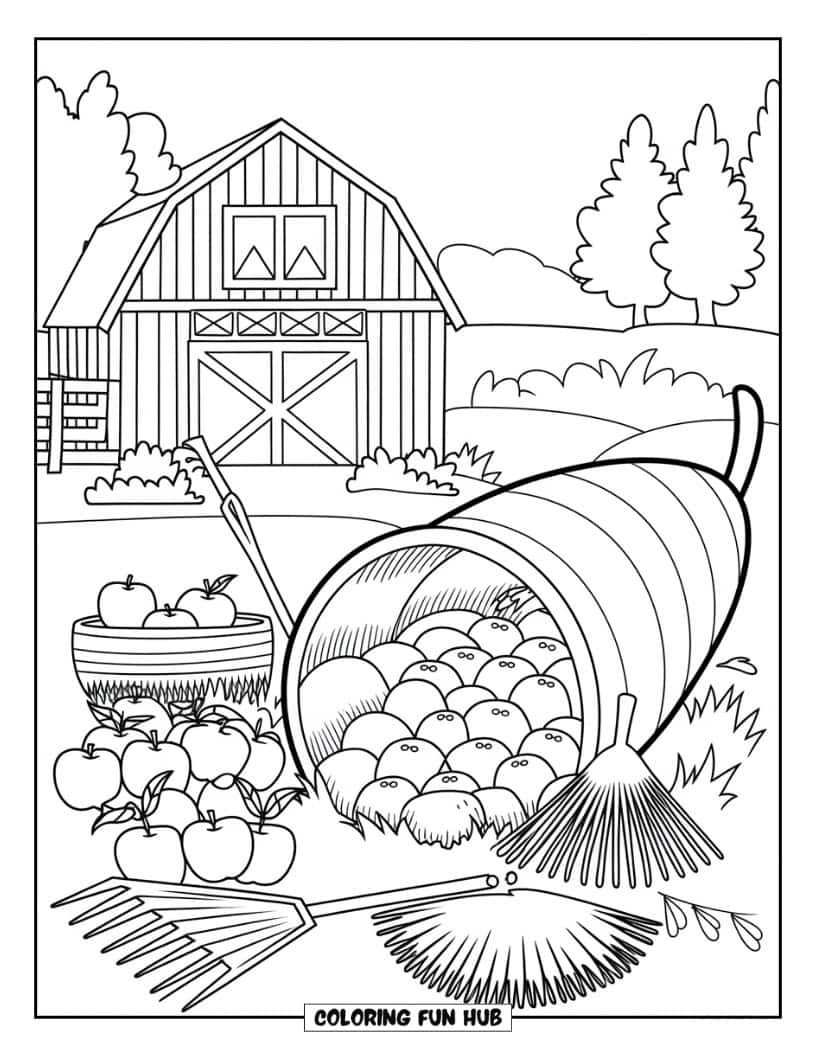 Thanksgiving Kleurplaat voor volwassenen: Een hoorn des overvloeds met een boerderijthema