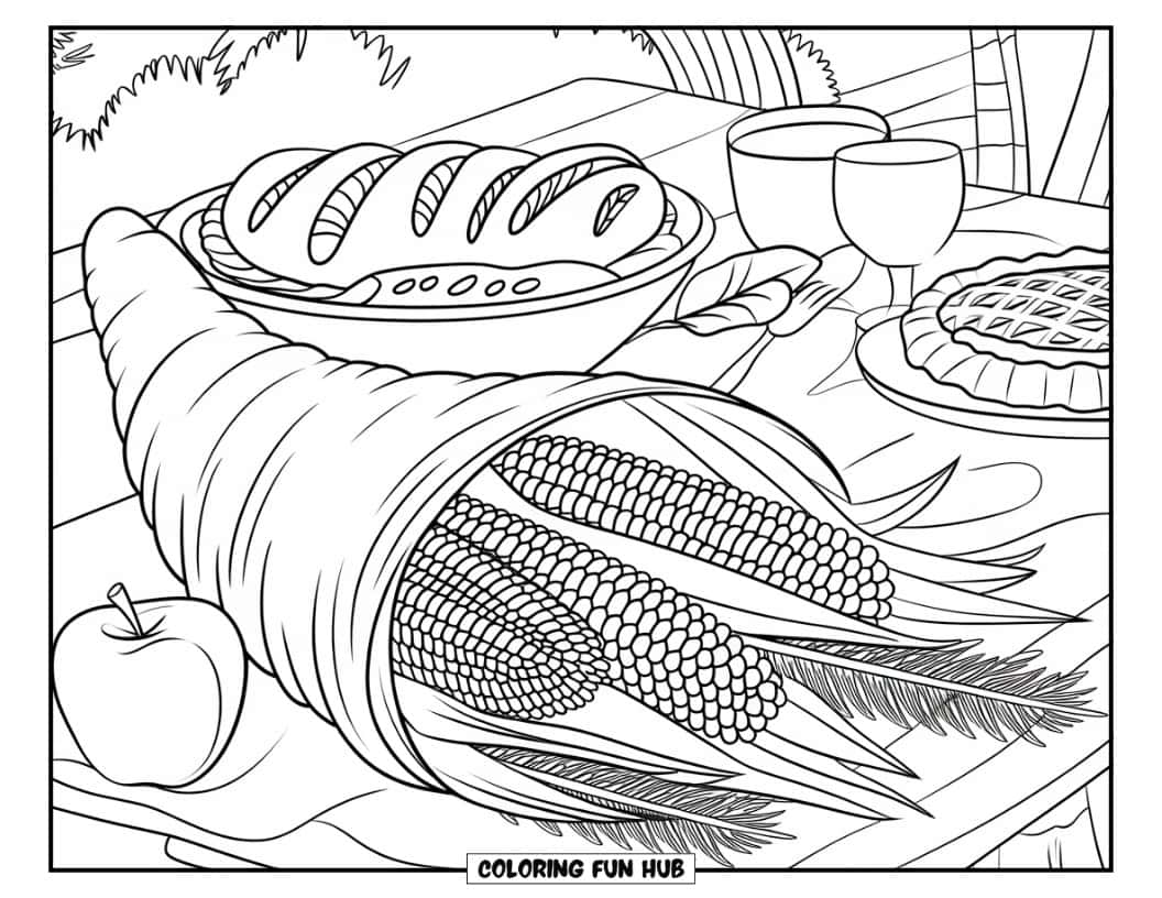 Thanksgiving Kleurplaat voor volwassenen: Een overvloedige oogst tijdens een Thanksgiving-feest