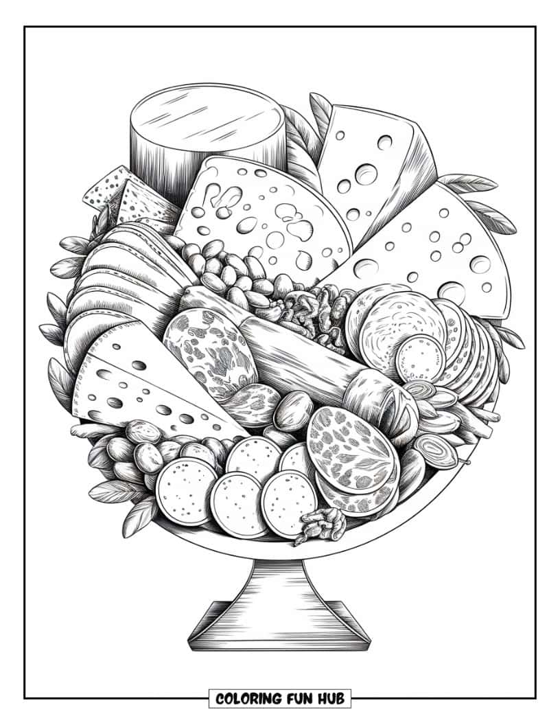 Thanksgiving Kleurplaat voor volwassenen: Een grote borrelplank gevuld met kazen, vleeswaren, noten, fruit en kleine broodjes