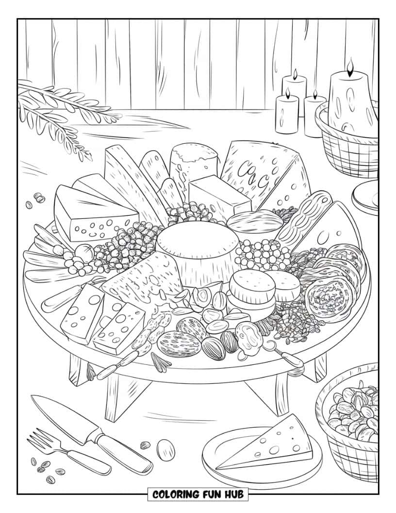 Thanksgiving Kleurplaat voor volwassenen: Een grote borrelplank met een rustieke setting