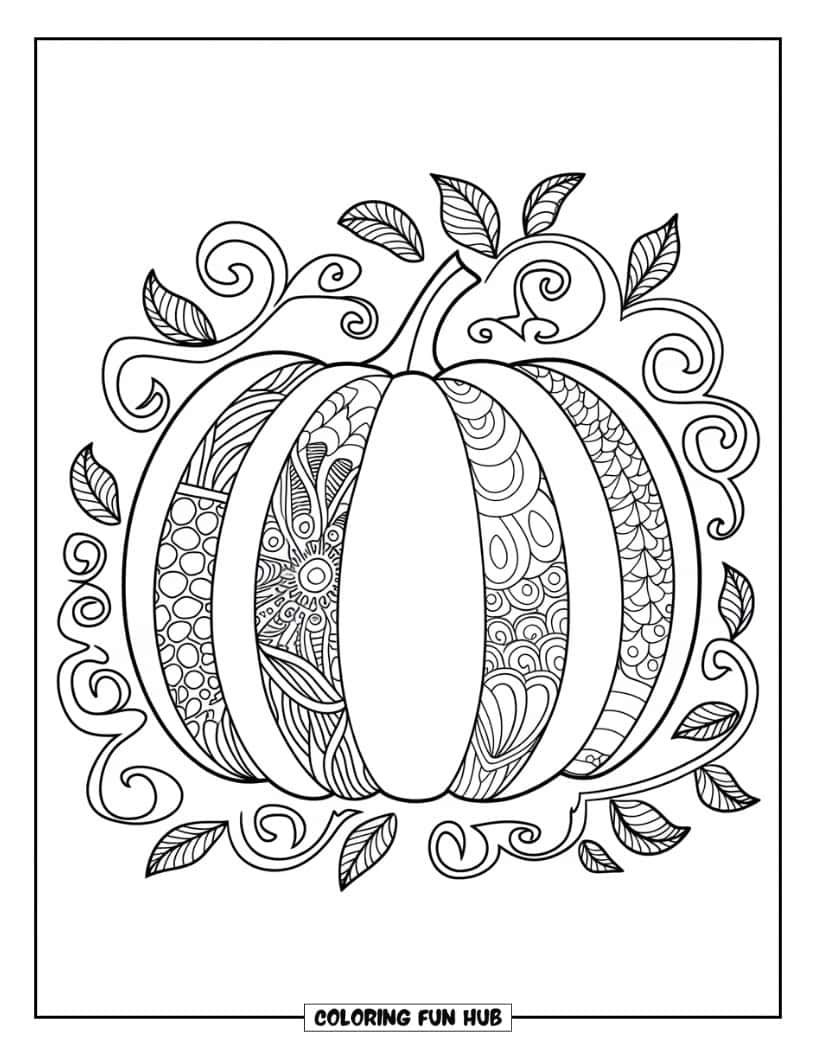 Thanksgiving Kleurplaat voor volwassenen: Een grote pompoen verdeeld in secties, elk met unieke Zentangle-patronen
