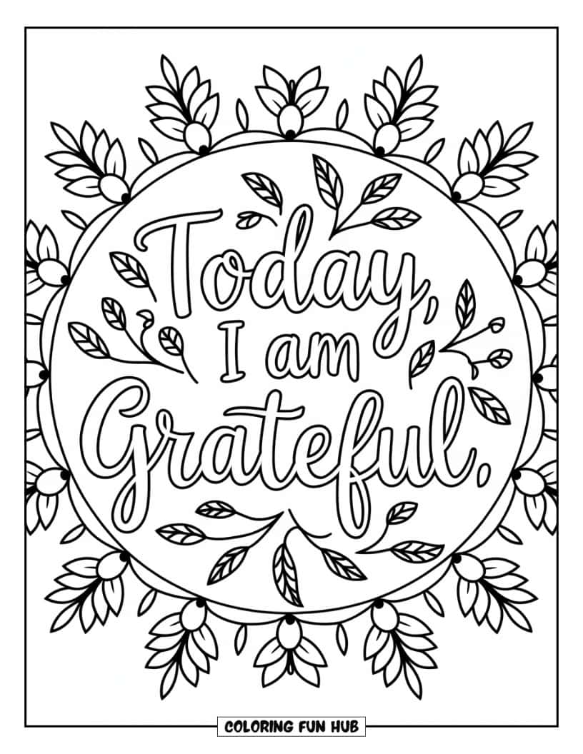 Thanksgiving Kleurplaat voor volwassenen: Een mandala-achtig ontwerp met de tekst 'Vandaag ben ik dankbaar' in het midden