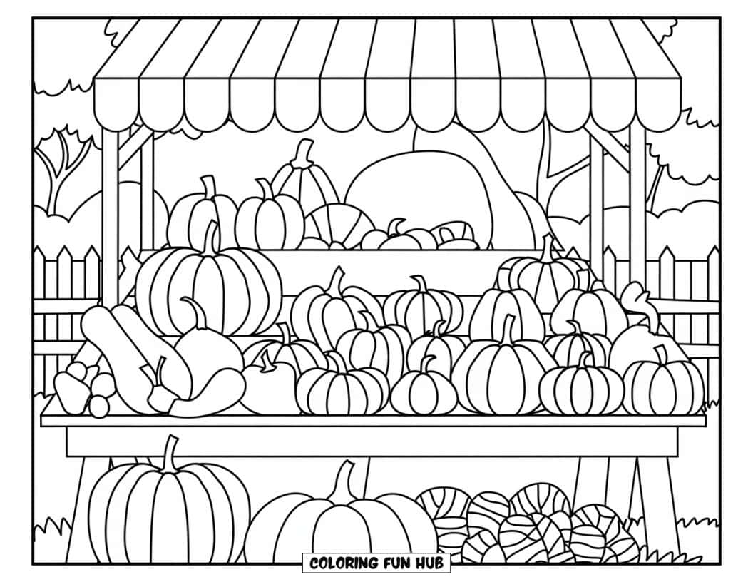 Thanksgiving Kleurplaat voor volwassenen: Een marktkraam in het veld met pompoenen, pompoenen en andere herfstproducten