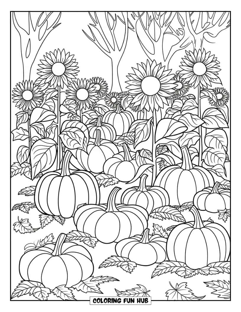 Thanksgiving Kleurplaat voor volwassenen: Een pompoenveld en zonnebloemen op de grond bedekt met bladeren