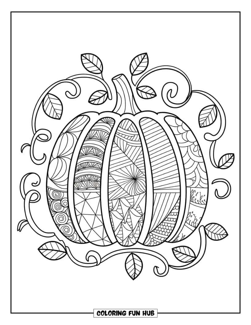 Thanksgiving Kleurplaat voor volwassenen: Een pompoen met een uniek Zentangle-patroon per sectie