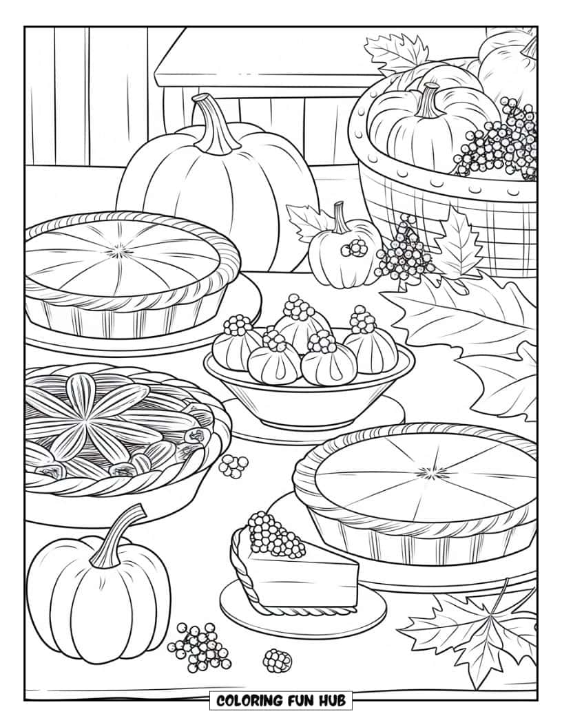 Thanksgiving Kleurplaat voor volwassenen: Een tafel vol desserts voor Thanksgiving