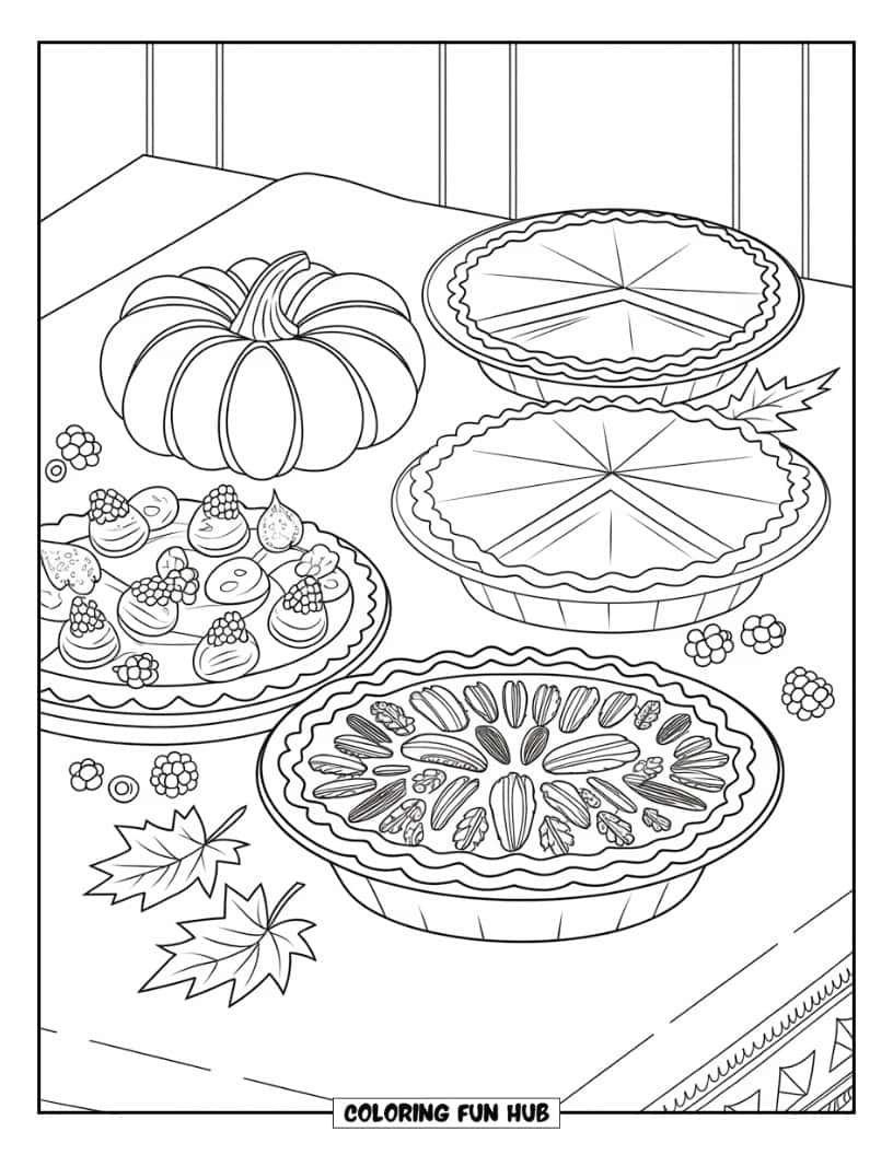 Thanksgiving Kleurplaat voor volwassenen: Een tafel met Thanksgiving-taarten