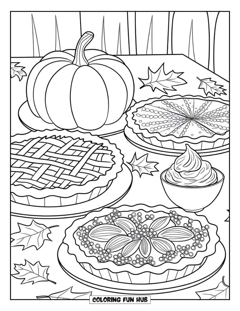 Thanksgiving Kleurplaat voor Volwassenen: Een tafel met drie taarten—pompoen, appel en pecannoten