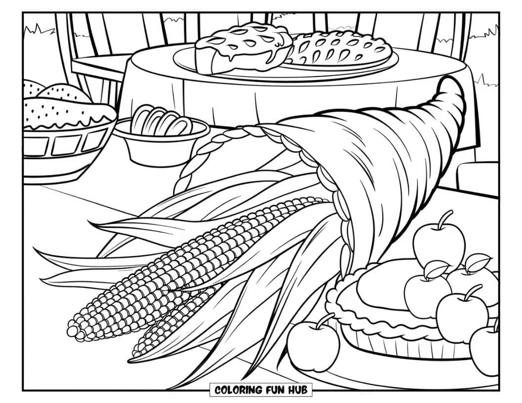 Thanksgiving Kleurplaat voor volwassenen: Een Thanksgiving-feest met hoorn des overvloeds op tafel
