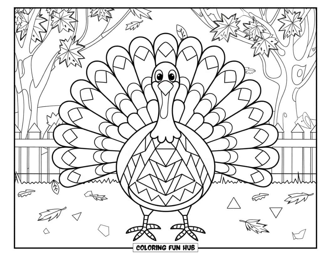 Thanksgiving Kleurplaat voor volwassenen: Een kalkoen met uitgespreide veren gevuld met geometrische vormen