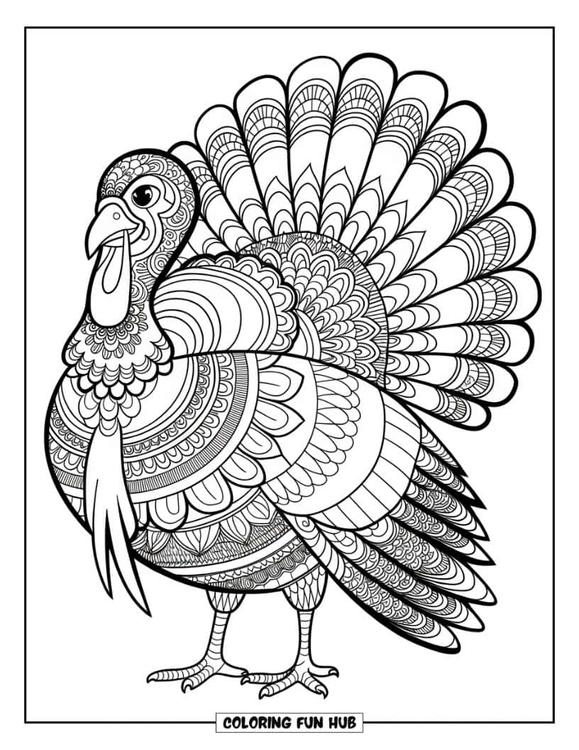 Thanksgiving Kleurplaat voor volwassenen: Een kalkoen met ingewikkelde mandala-ontwerpen op zijn veren