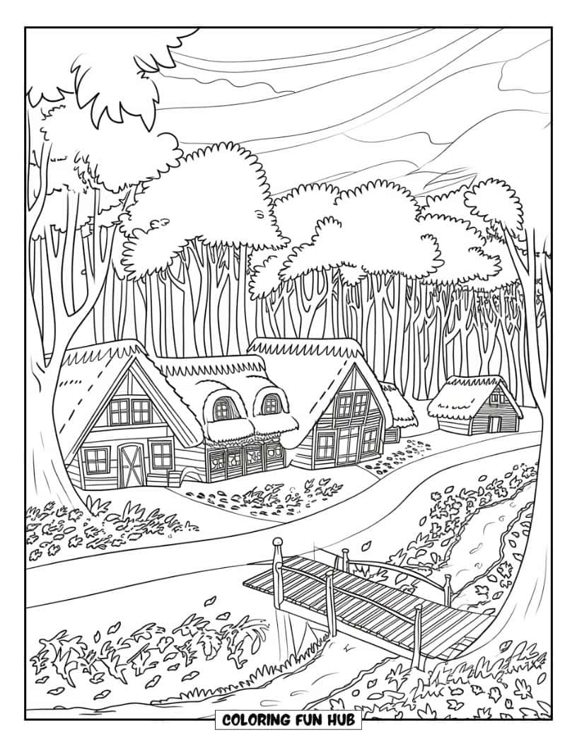 Thanksgiving Kleurplaat voor volwassenen: Een dorp omringd door een dicht bos met hoge bomen