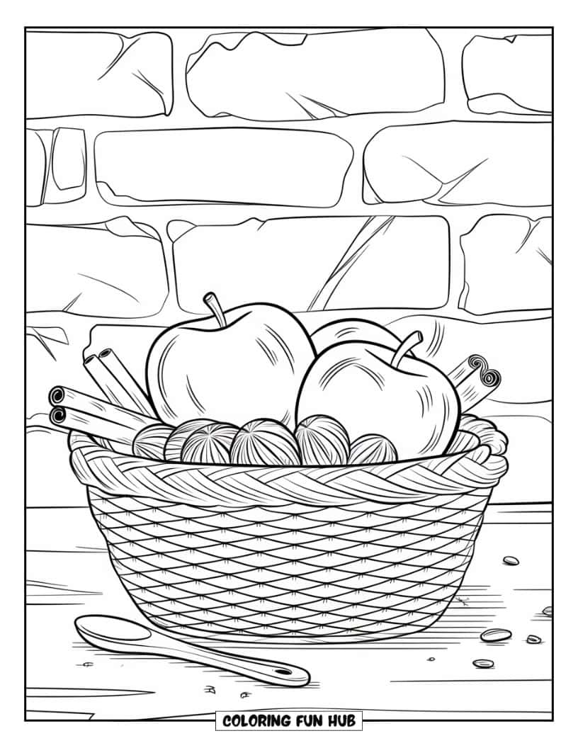 Thanksgiving Kleurplaat voor volwassenen: Een houten mand met een rustieke muurachtergrond