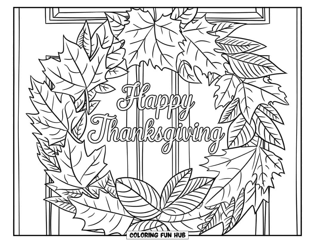 Thanksgiving Kleurplaat voor volwassenen: Een krans volledig gemaakt van gedetailleerde herfstbladeren met 'Happy Thanksgiving' in het midden