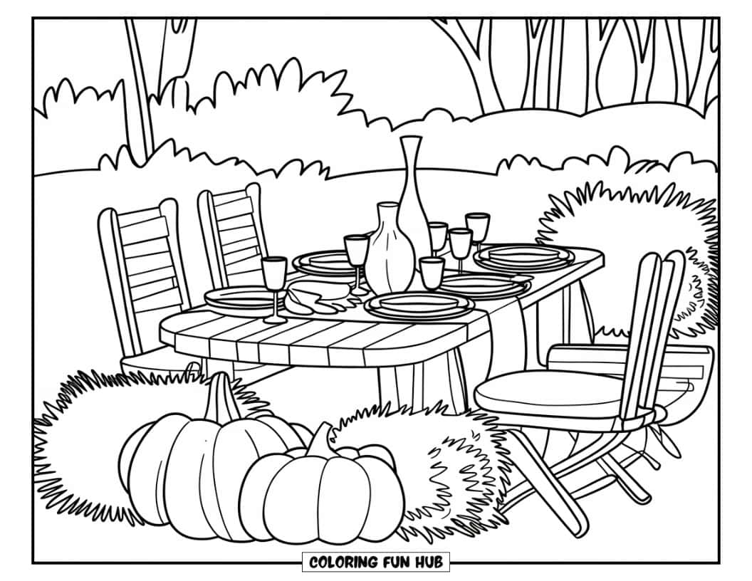 Thanksgiving Kleurplaat voor volwassenen: Een buitenshuis feestmaal met een rustieke tafel