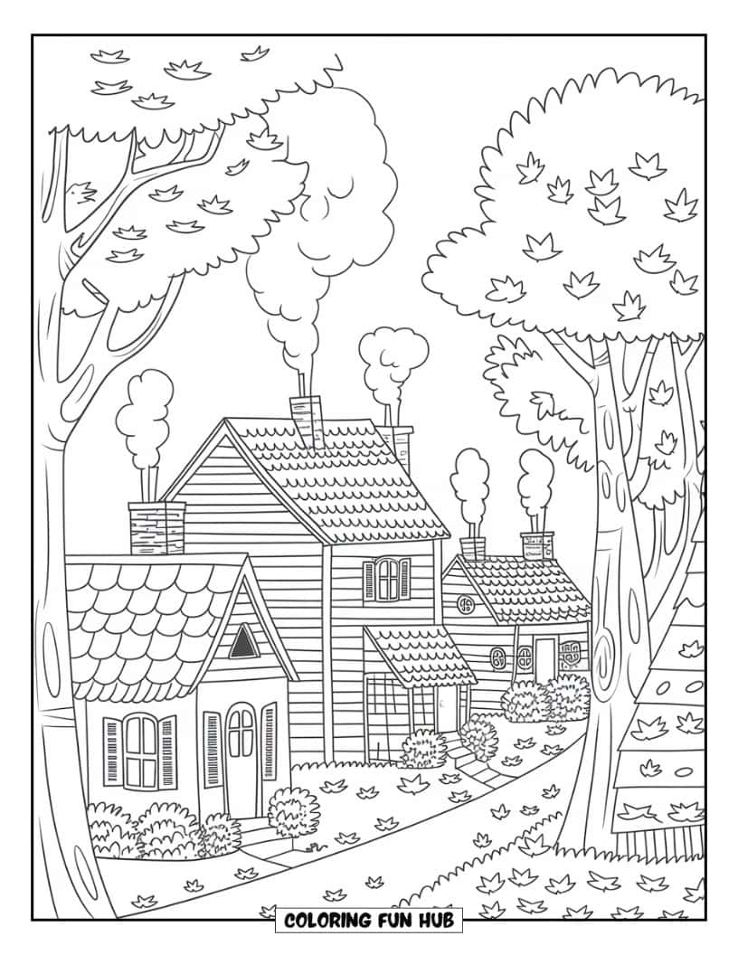Thanksgiving Kleurplaat voor volwassenen: Gezellige huizen tijdens het herfstseizoen