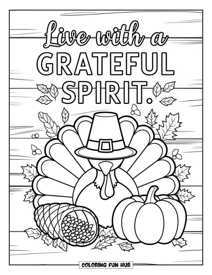 Thanksgiving Kleurplaat voor volwassenen: Leef met een dankbare geest' met Thanksgiving-elementen eromheen