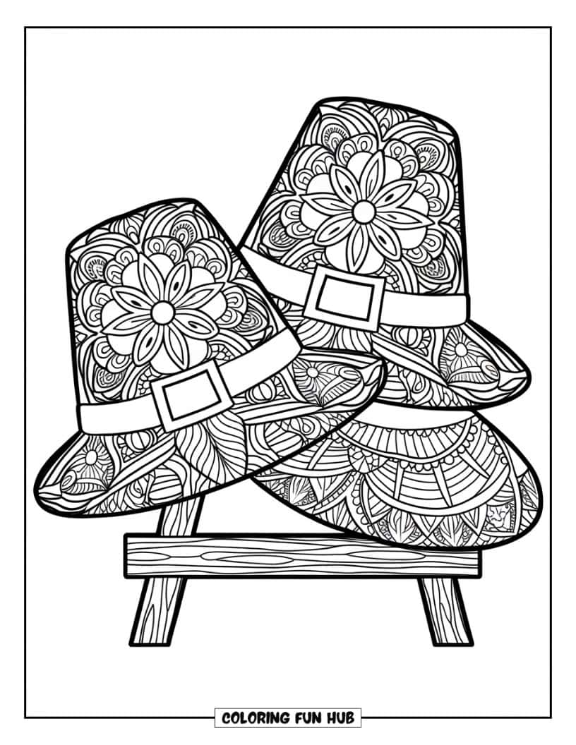 Thanksgiving Kleurplaat voor volwassenen: Pilgrimhoeden met gedetailleerde ontwerpen geplaatst op een houten standaard