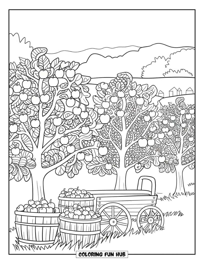 Thanksgiving Kleurplaat voor volwassenen: Rijen appelbomen met manden en een rustieke houten kar eronder