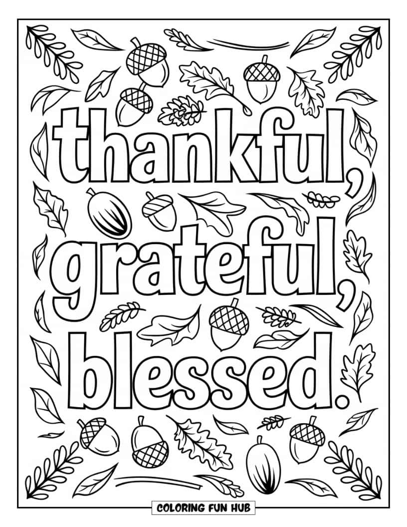 Thanksgiving Kleurplaat voor volwassenen: Gestileerde tekst 'Dankbaar, erkentelijk, gezegend' met feestelijke herfsticonen