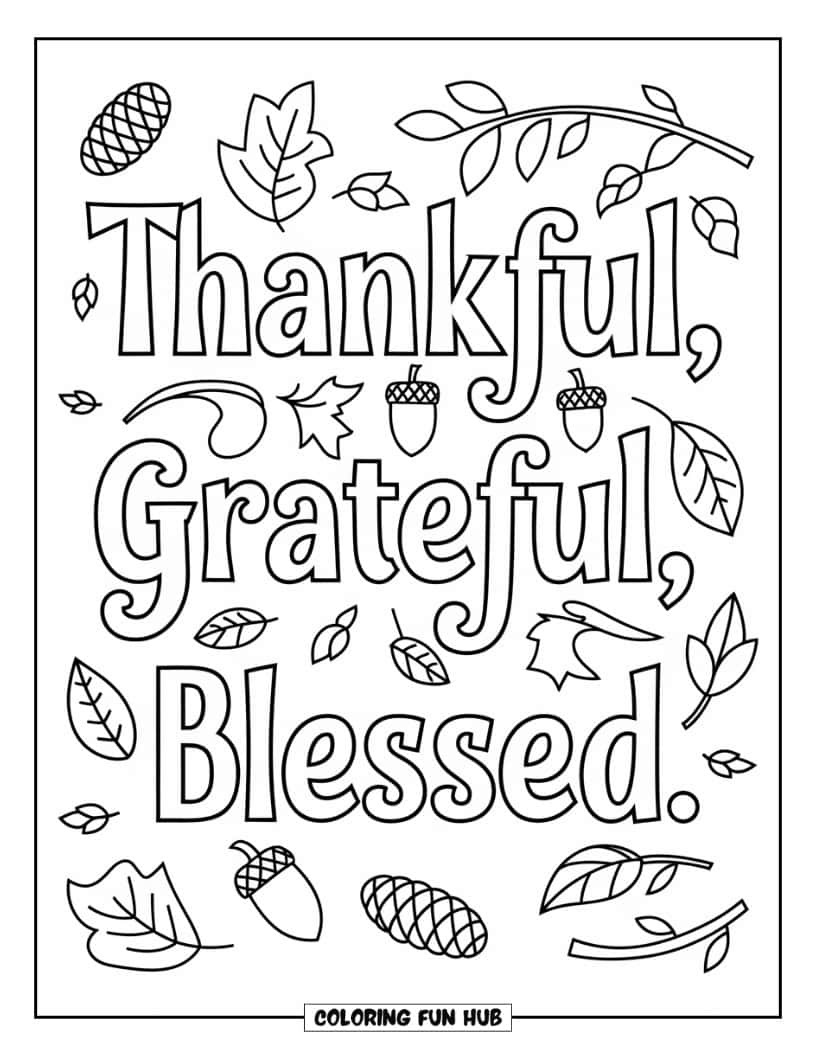 Thanksgiving Kleurplaat voor volwassenen: 'Dankbaar, erkentelijk, gezegend' met elk woord gestileerd en omringd door herfsticonen