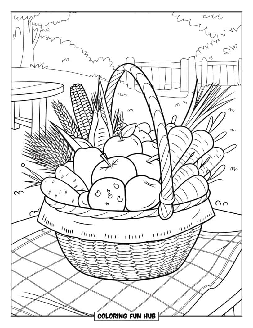 Thanksgiving Kleurplaat voor Kinderen: Een mand gevuld met appels, sinaasappels, citroenen, aardappelen, wortelen, uien en granen