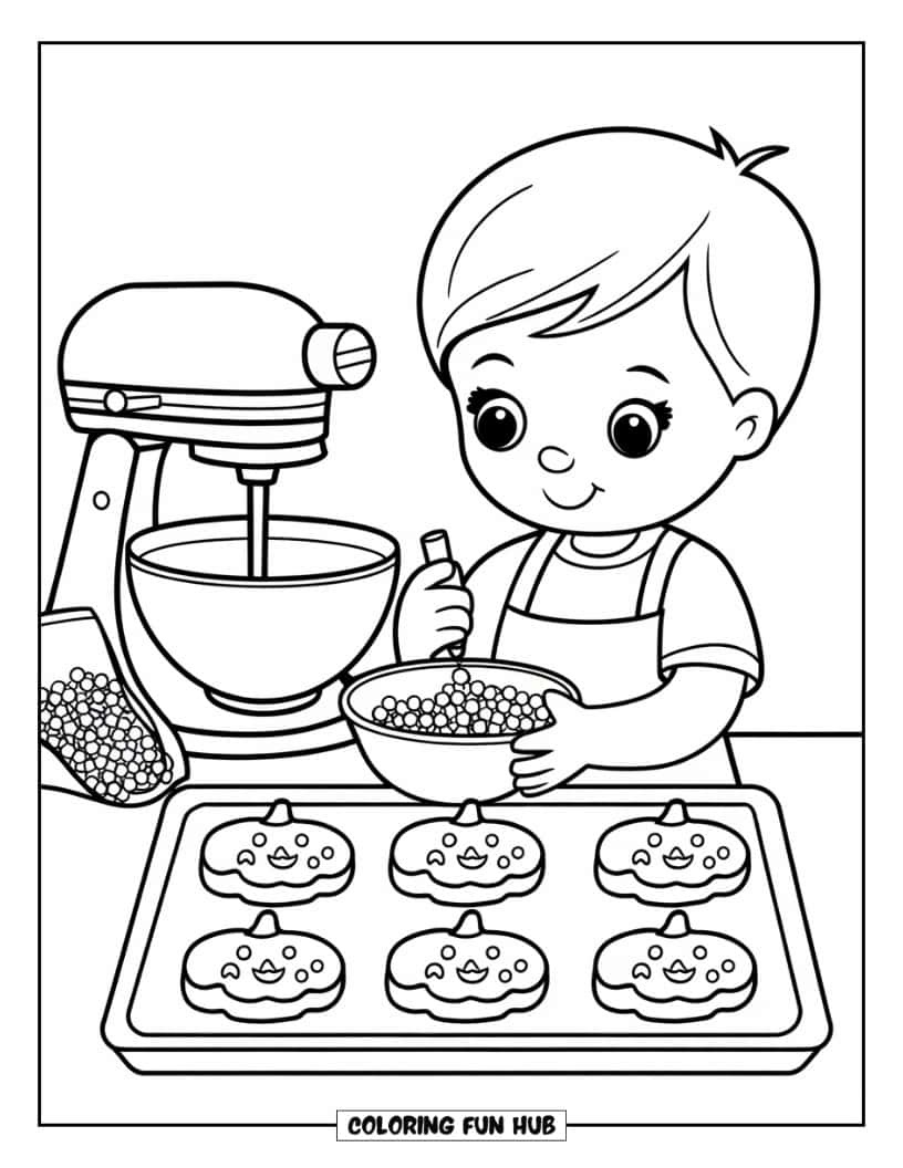 Thanksgiving Kleurplaat voor Kinderen: Een kind dat glazuur en hagelslag toevoegt aan pompoenvormige koekjes