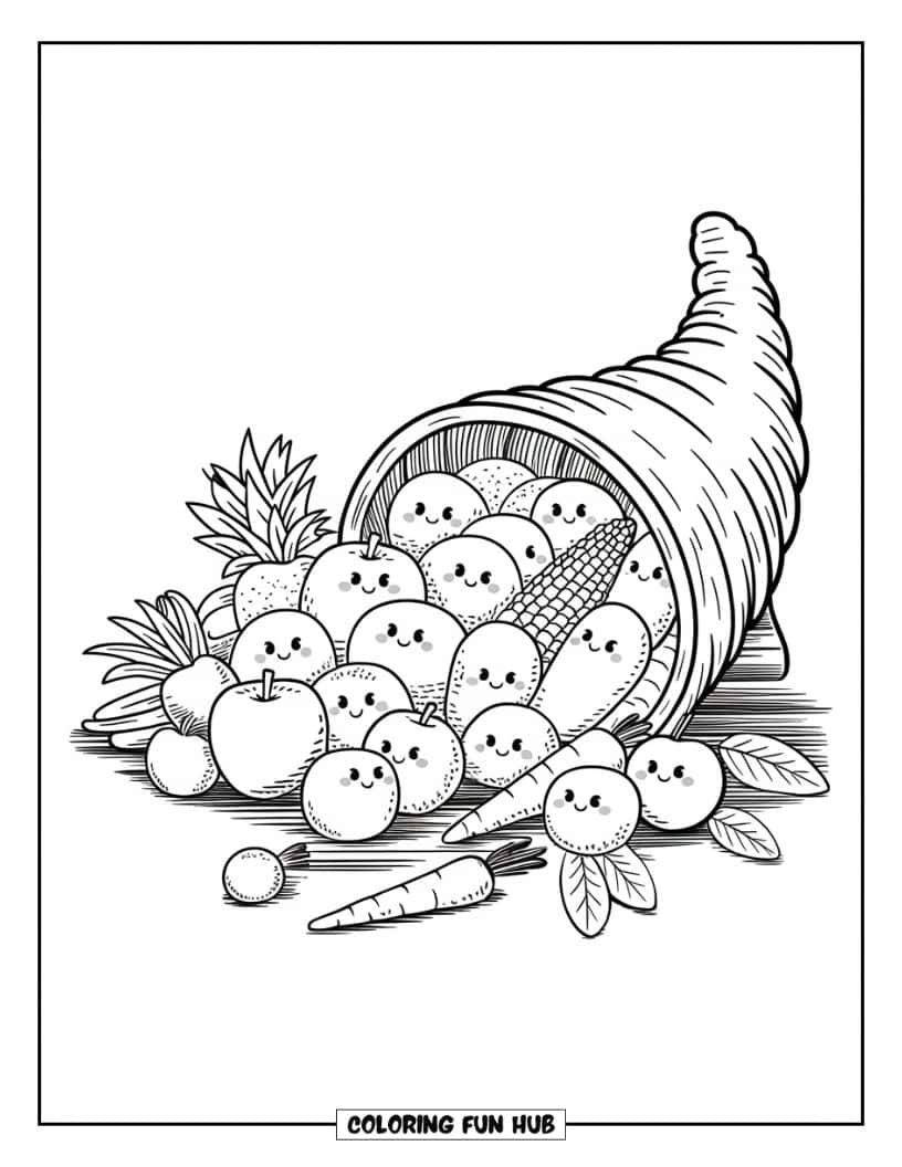 Thanksgiving Kleurplaat voor Kinderen: Een hoorn des overvloeds gevuld met schattige en vrolijke vruchten en groenten