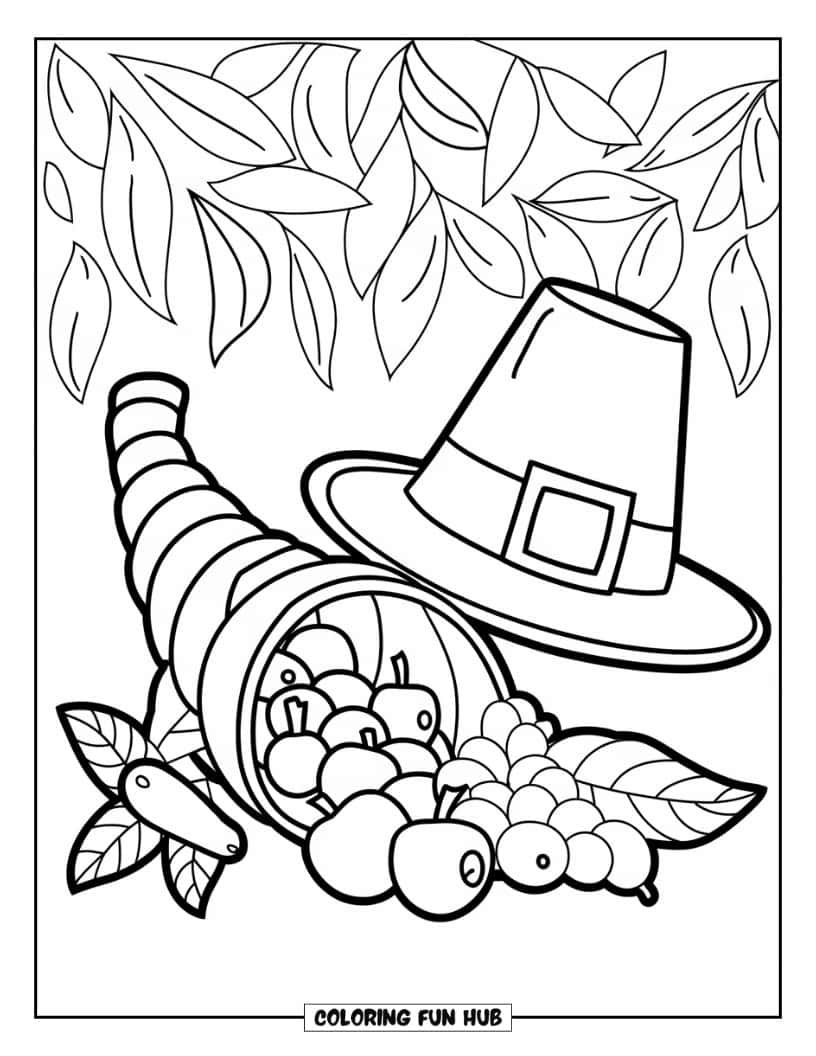 Thanksgiving Kleurplaat voor Kinderen: Een hoorn des overvloeds gevuld met fruit en groenten en een pilgrim-hoed ernaast