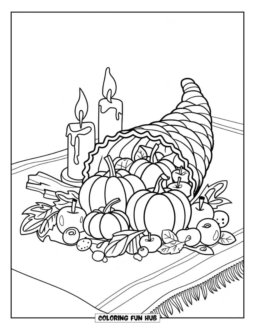 Thanksgiving Kleurplaat voor Kinderen: Een hoorn des overvloeds gevuld met pompoenen en fruit