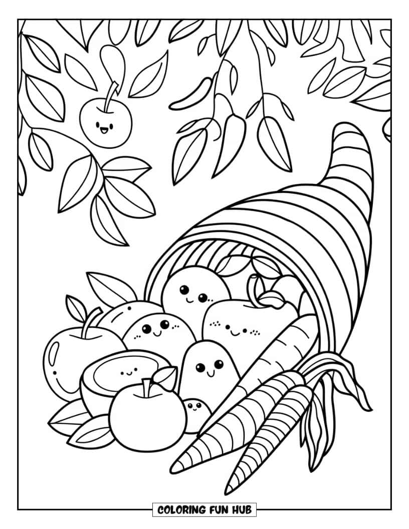 Thanksgiving Kleurplaat voor Kinderen: Een hoorn des overvloeds met schattige lachende vruchten en groenten