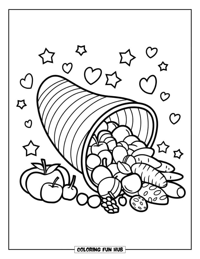 Thanksgiving Kleurplaat voor Kinderen: Een hoorn des overvloeds met fruit en groenten die eruit vallen en vormen die eromheen zweven