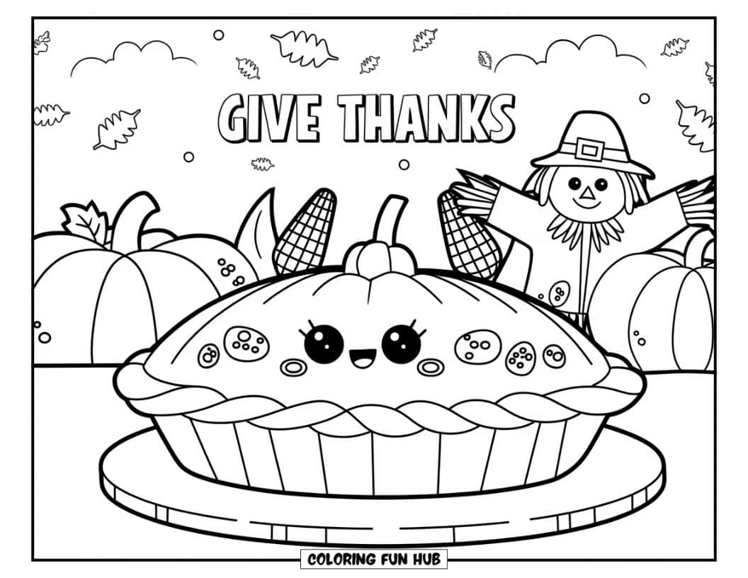 Thanksgiving Kleurplaat voor Kinderen: Een schattige en heerlijke taart met een feestelijke achtergrond